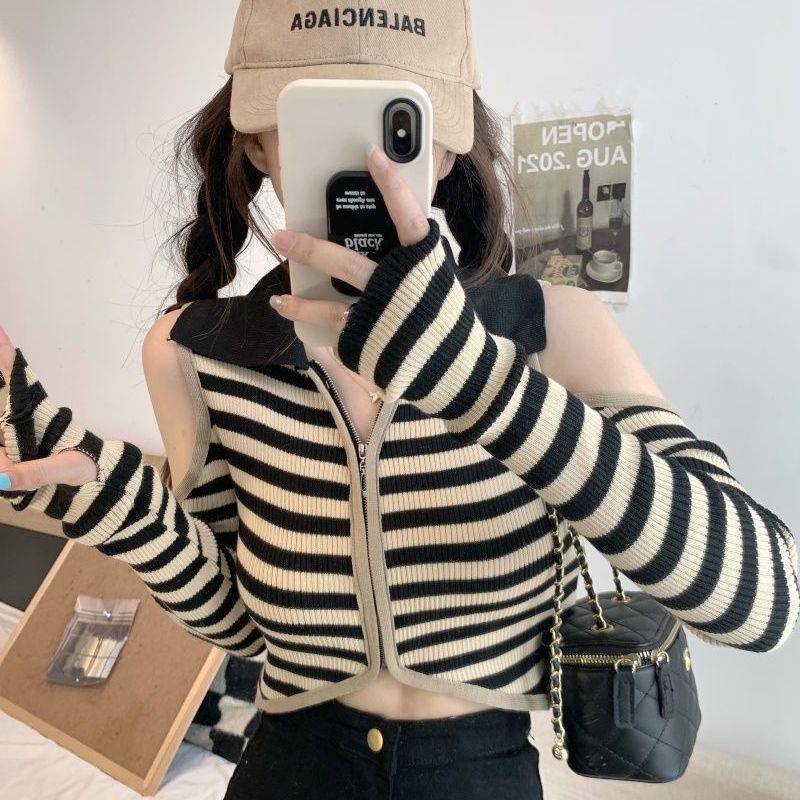 Áo Thun Tay Dài Có Dây Kéo Dáng Ngắn Ôm Eo Phong Cách Preppy Ngọt Ngào Cho Nữ