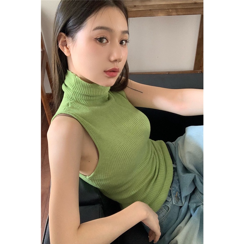 Áo Dệt Kim Sát Nách Cổ Cao Màu Trơn Trẻ Trung Hợp Thời Trang Cho Bạn Gái