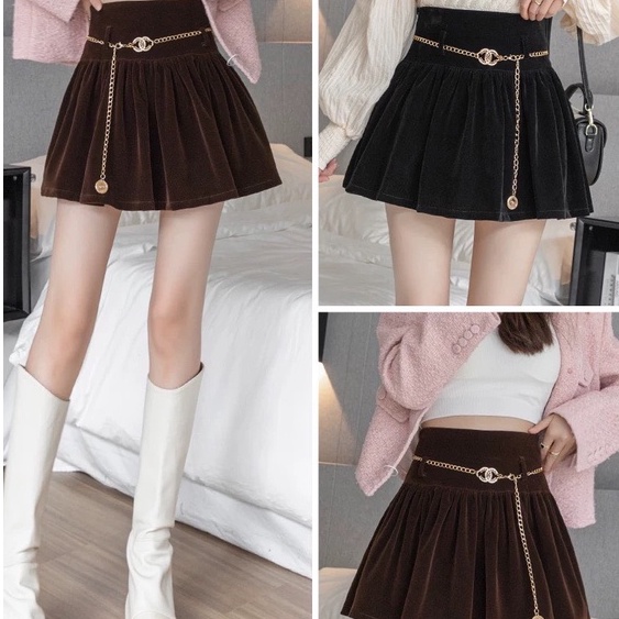 : Chân Váy Nhung Xếp Ly Phối Xích 2 Màu Đen ,Nâu [LOLLA_YE_FASHION]