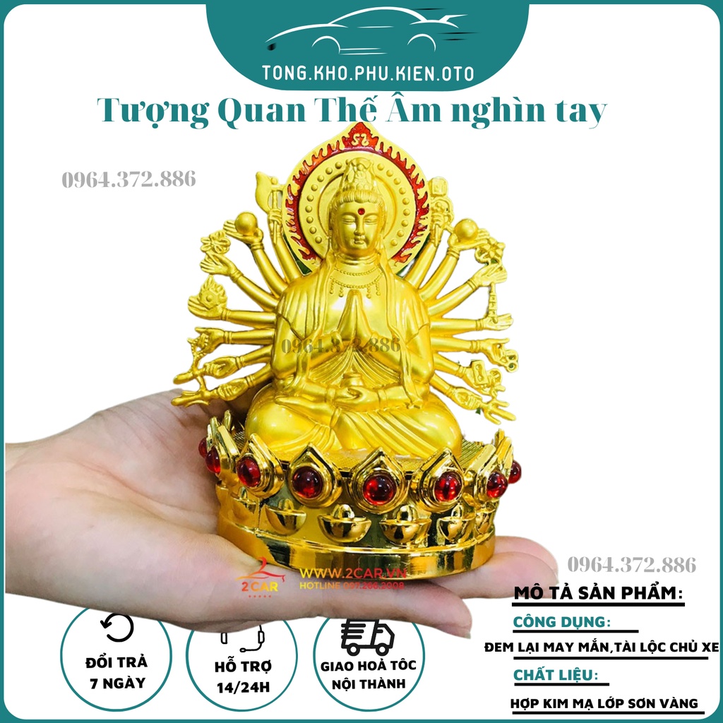 Tượng Quan Thế Âm nghìn tay đế hoa sen đính đá đặt xe hơi