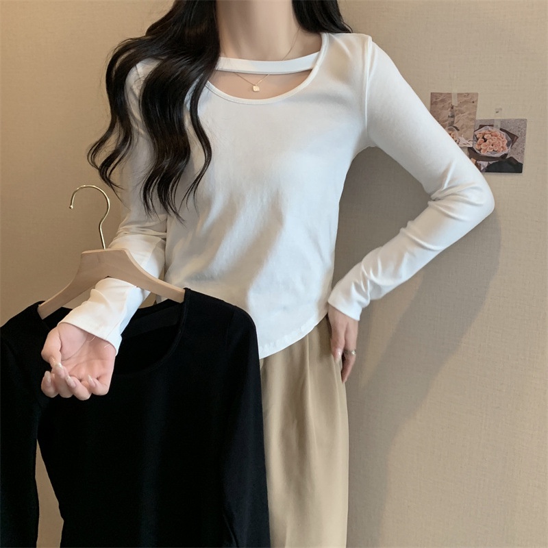 【WANG JIAO ZHAN】Áo croptop Tay Dài Màu Trơn Dáng Ôm Quyến Rũ Trẻ Trung Phong Cách Hàn Quốc【6885】