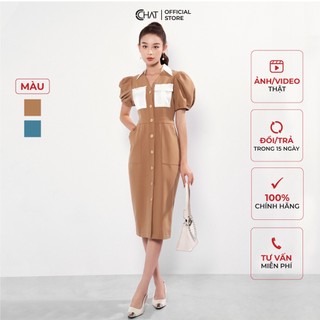 Đầm Nữ 𝐂𝐂𝐇𝐀𝐓 Cổ Đức Mở V 2 Túi Thân Trước Dáng Ôm Chất Tuytsi 12VNS8004OT