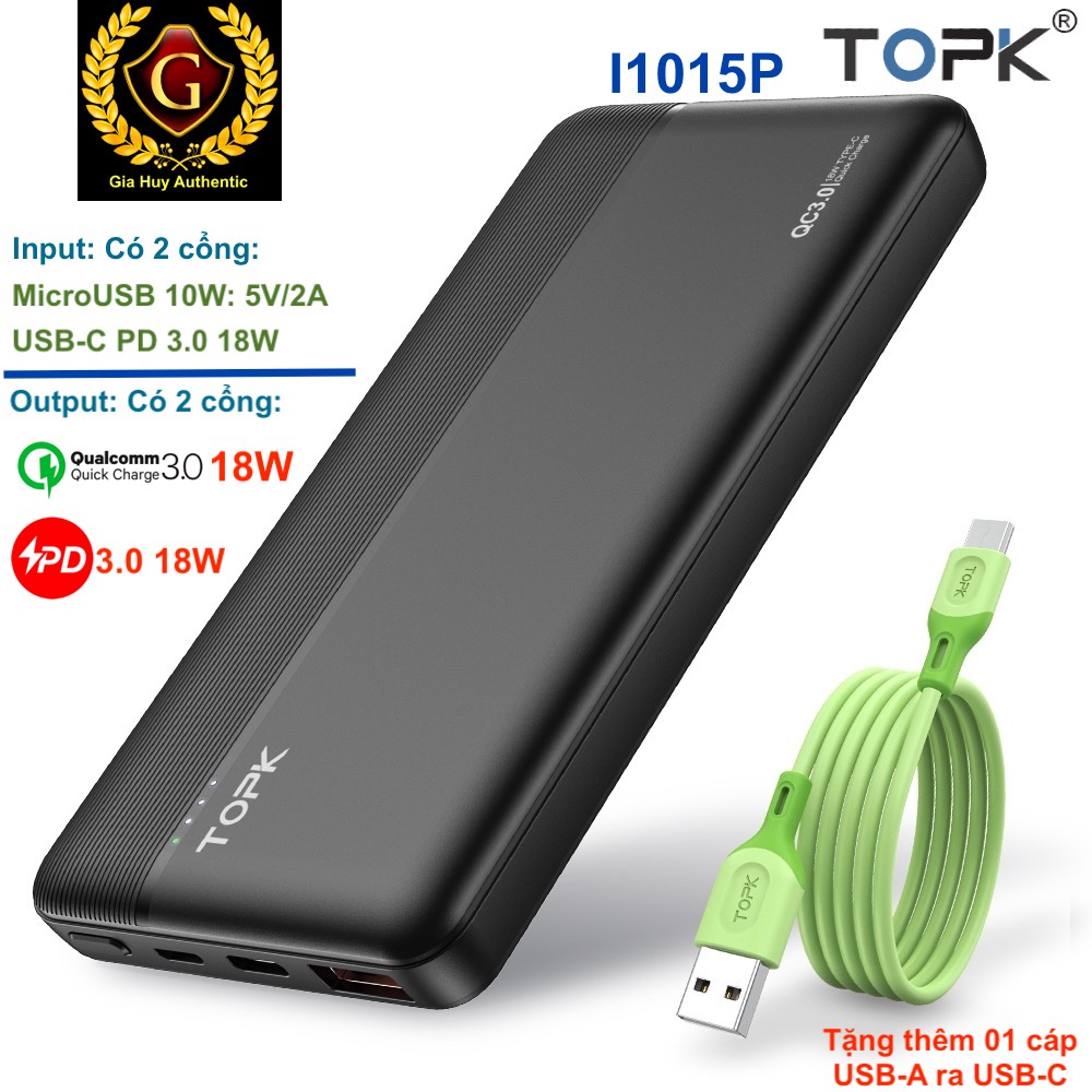 Pin sạc dự phòng TOPK I1015P 10000mAh Power Delivery 3.0 18W & QC 3.0 18W