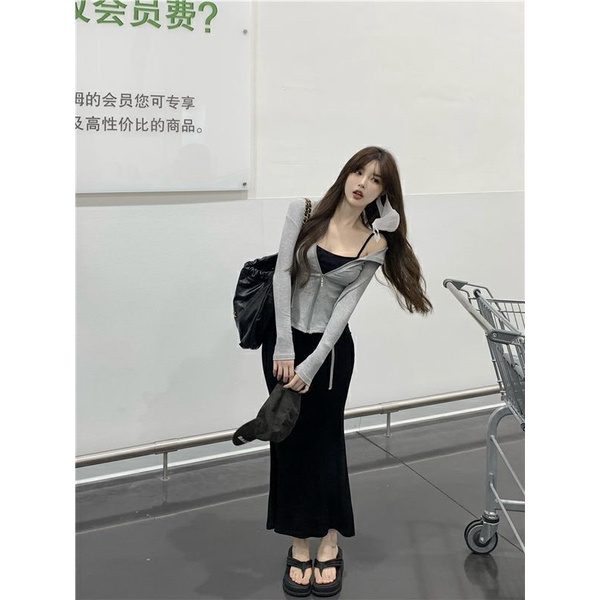 COZOK Bộ Đầm Sát Nách + Áo Dài Tay Phối Khóa Kéo Quyến Rũ Cho Nữ