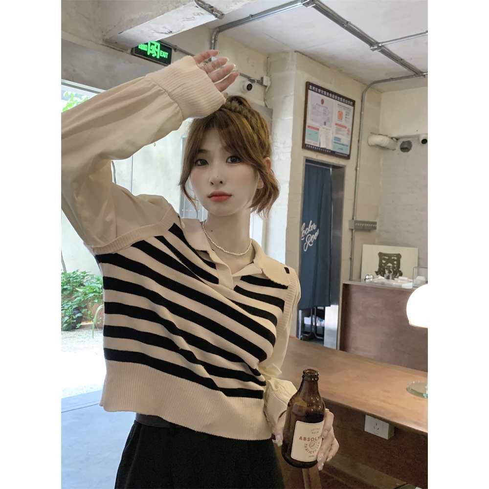 ZHELIHANGFEI Áo Thun POLO Dài Tay Giả Hai Lớp Họa Tiết Sọc Thời Trang Dành Cho Nữ