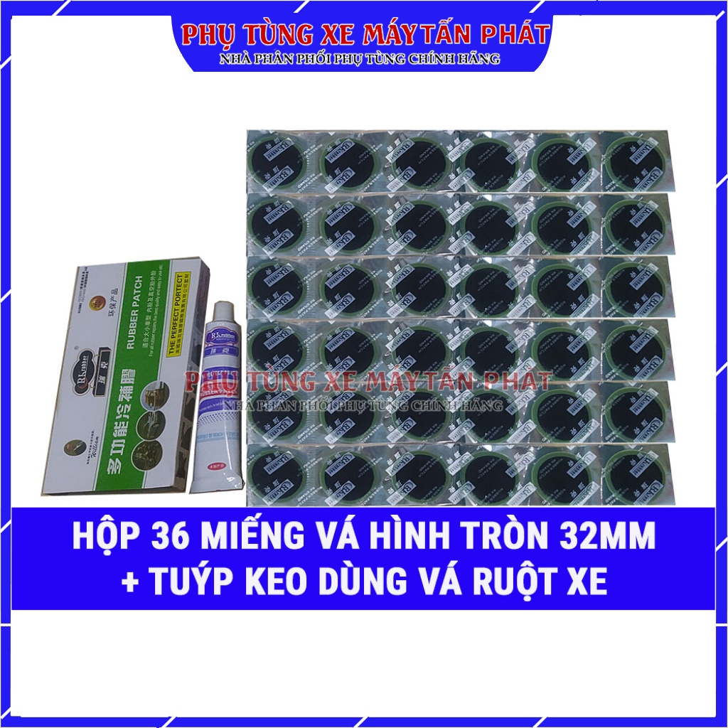 36 Miếng Tròn Nhỏ 32mm + Tuýp Keo Vá Ruột Xe Máy Xe Đạp Hiệu Zhuorui Chemical