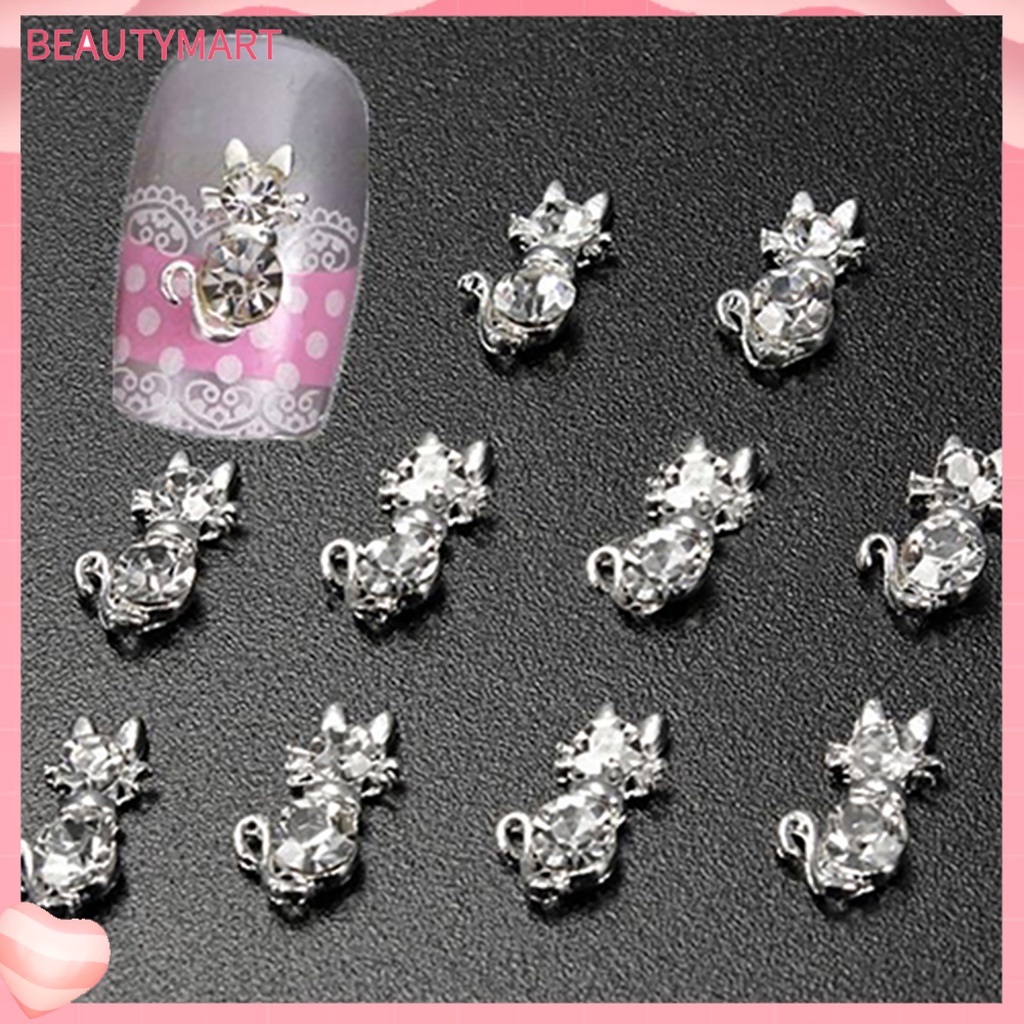 Bộ 10 Miếng Dán Móng Tay Hình Mèo Đính Đá Lấp Lánh Dễ Thương