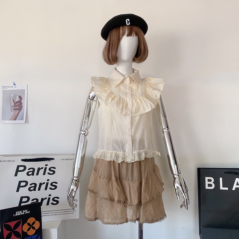 Set Áo Sơ Mi Tay Bèo + Chân Váy Màu Nâu Ngọt Ngào Thời Trang Mùa Hè Cho Nữ