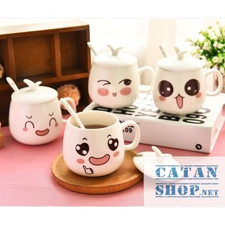 01 BỘ LY SỨ (NẮP VÀ MUỖNG), CỐC, TÁCH GỐM SỨ HÌNH CẢM XÚC, HAPPY EMOTION CHỊU NHIỆT TỐT_HK062 (giao ngẫu nhiên)
