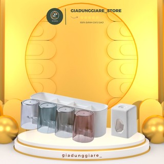 Kệ đựng bàn chải đánh răng dán tường kèm 4 cốc cao cấp và đồ nặn kem - Kệ để bàn chải nhả kem đánh răng Full bộ 4 ly