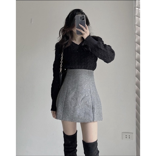 [NEW]ÁO LEN THỪNG CROPTOP CỔ V CÓ ĐỆM VAI 7611