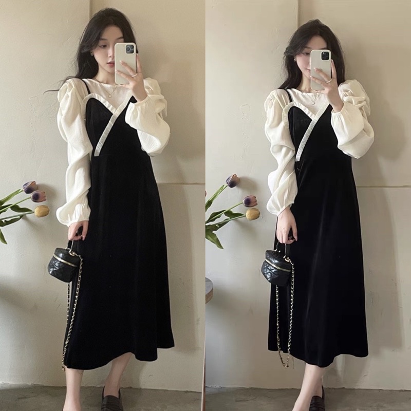 Set Áo Tơ Ong Tay Phồng Mix Yếm Nhung Dáng Dài Viền Bèo Có Ảnh Thật