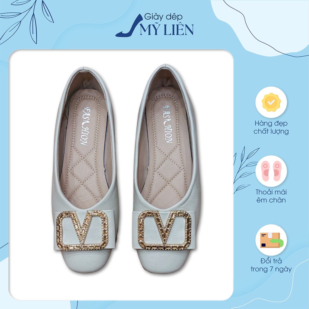 Giày Bệt Mũi Tròn Da Lì Đá Valentino Nữ Tính, Thời Trang - Giày Dép Mỹ Liên