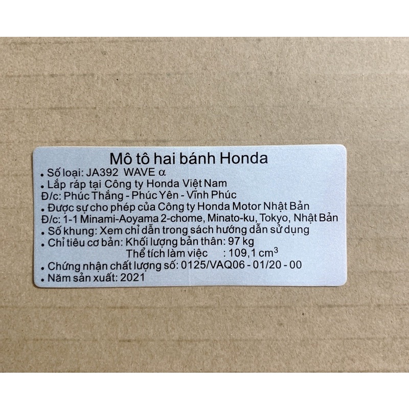 Tem năm sản xuất 2021 các dòng xe Honda .. Tem zin chuẩn hãng honda