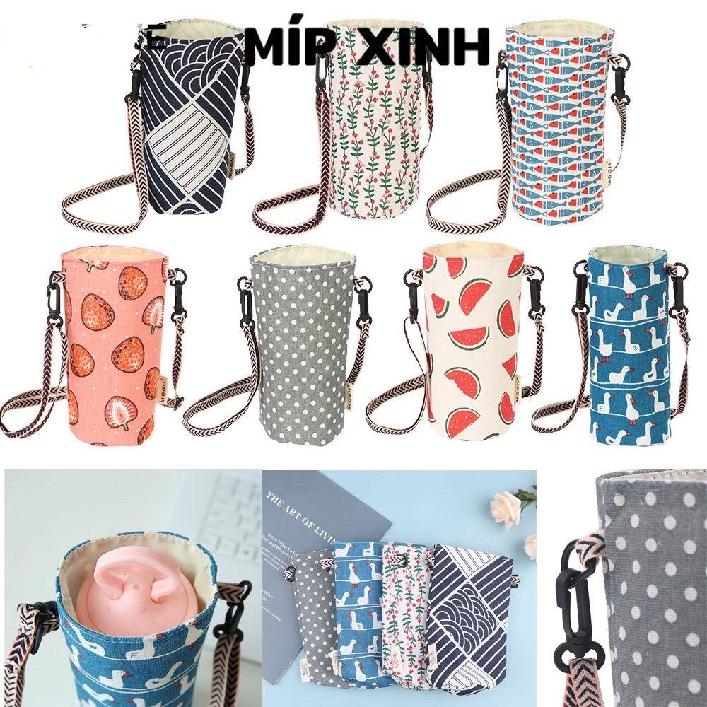 Túi đựng bình nước, chai nước bằng vải Canvas hoạ tiết Vintage chống thấm, phù hợp với nhiều cỡ bình