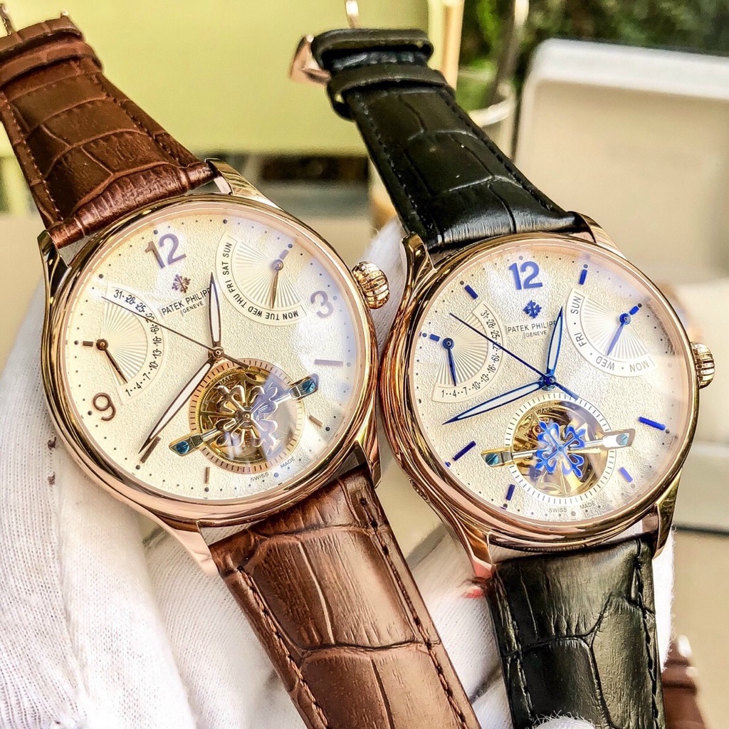 Đồng hồ Nam Patex 6kim cơ automatic máy nhật vàng có lịch thứ ngày trăng sao dây da