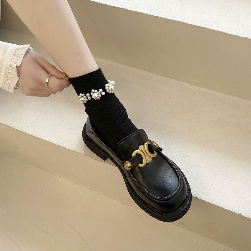 giày lolita Giày da nhỏ phong cách Anh màu đen giày lười nữ