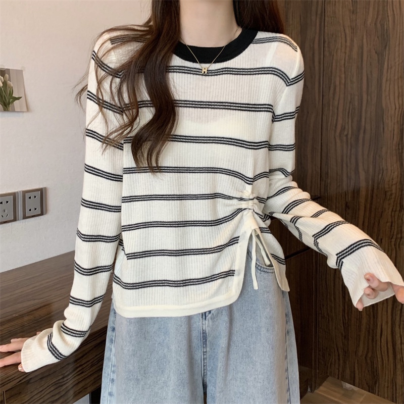 ZHELIHANGFEI Áo Sweater Tay Dài Kẻ Sọc Phối Dây Rút Cá Tính Thời Trang