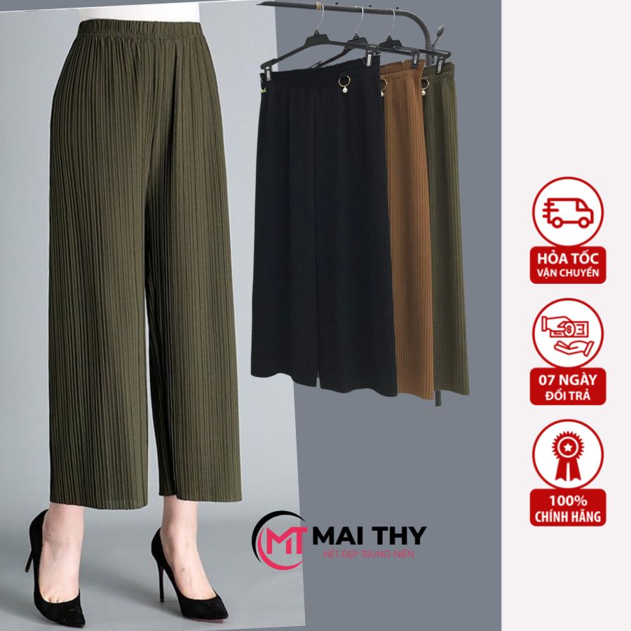 Quần Dài Xếp Ly MAI THY Q005, Mẫu Quần Thun Dập Ly Freesize Ống Rộng 4 Chiều Lưng Cao Trẻ Trung | Thời trang Nữ U40