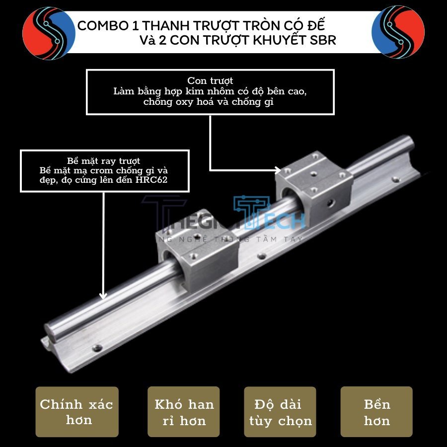 Combo Ray Trượt tròn có đế (1 thanh ray SBR dài 1 mét + 2 con trượt ...