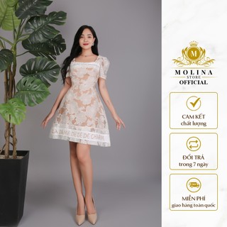 Đầm Ren Cổ Vuông Thêu Chữ Nổi Thiết Kế Molina Dáng Xòe Điệu Đà Sang Trọng, Phù Hợp Đi Tiệc Dạo Phố