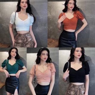 Áo Thun Gân Croptop Nhún Ngực Tay Phồng Co Giản