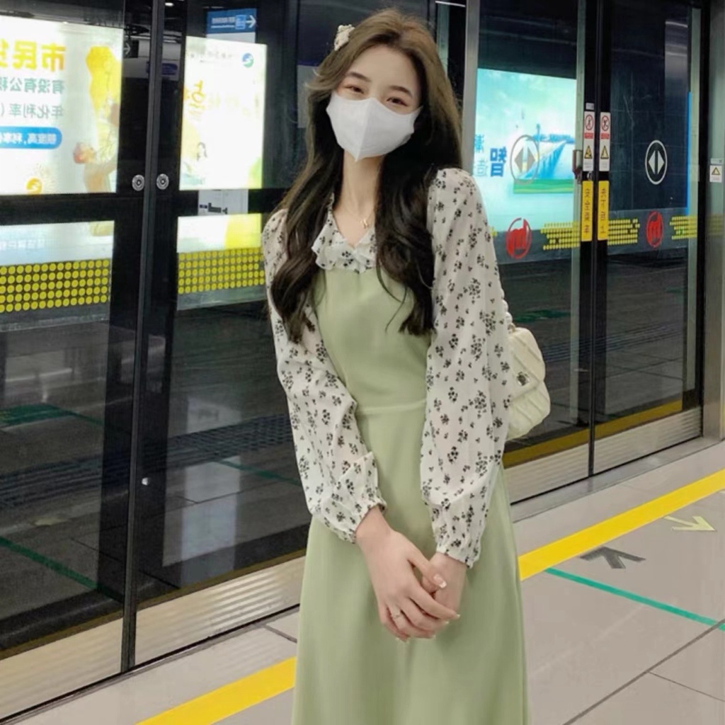 Đầm Dài Giả Hai Mảnh Tay Dài In Họa Tiết Hoa Phong Cách Pháp Thời Trang Mùa Thu 2022