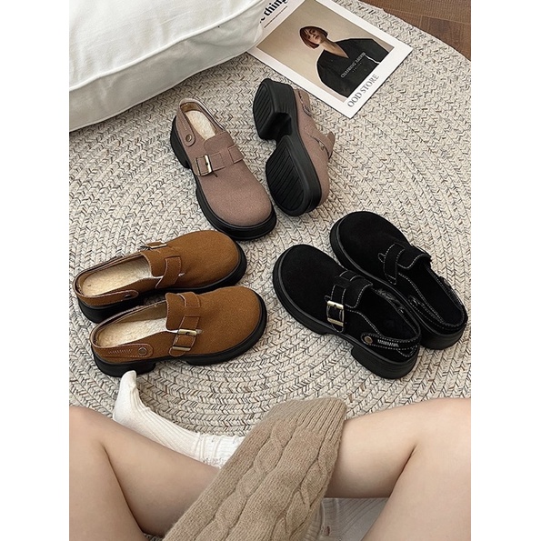 Giày sục lười da lộn có quai sau đế cao lót lông ấm áp Yannie Lolita