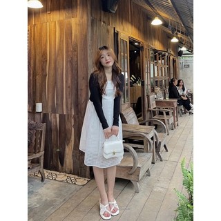 Set đầm ô xếp ly + khoác đen