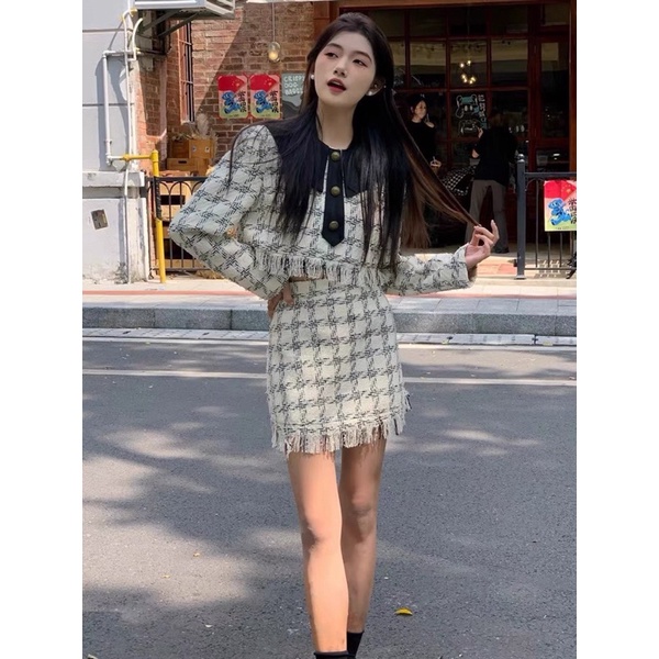 Set Dạ Tua Rua Kẻ Ô