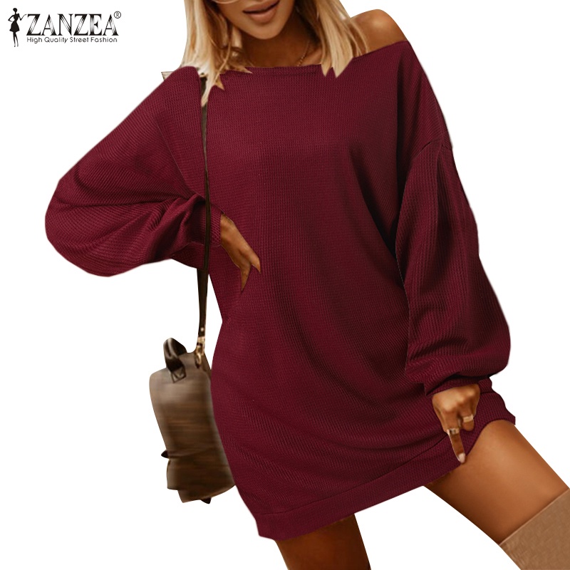 Đầm thun ZANZEA tay dài lệch vai phong cách thời trang cho nữ