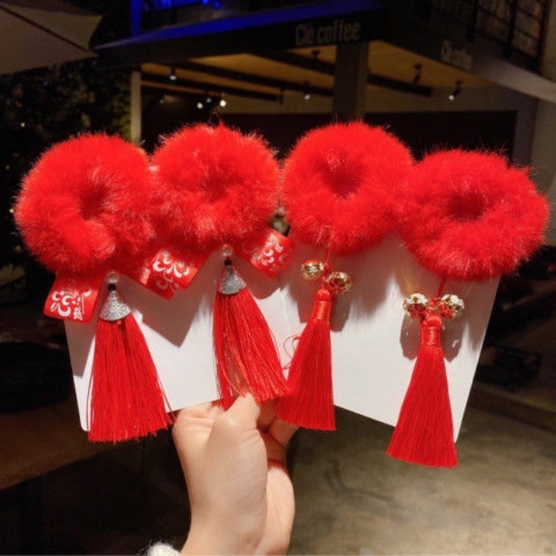 Dây Cột Tóc Đính Bóng Lông Tua Rua Đỏ Phong Cách Trung Hoa Mừng Năm Mới Cho Bé Gái