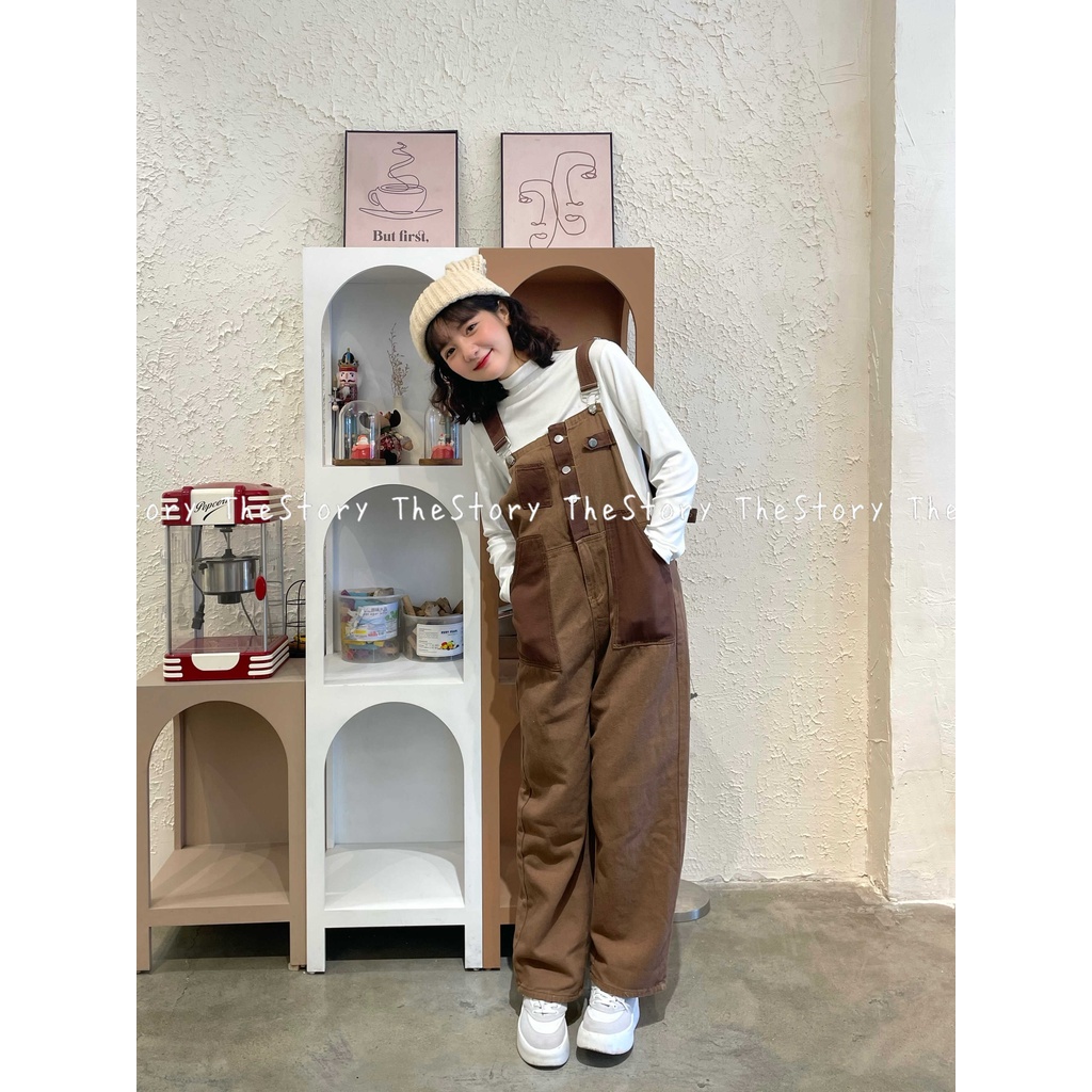 Quần yếm jean dài nâu mix màu  Q819