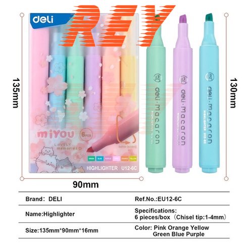 Hộp 6 bút dạ quang highlighter gồm 6 màu macaron Miyou Deli U12-6C