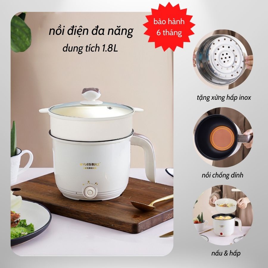 Nồi điện đa năng mini chống dính cao cấp, rán nấu hấp dung tích 1.8L tặng kèm xửng hấp