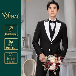 Bộ vest chú Rể cao cấp, cổ phối ve trắng đen tạo điểm nhấn, dáng áo 2 cúc Hàn Quốc-VuHai