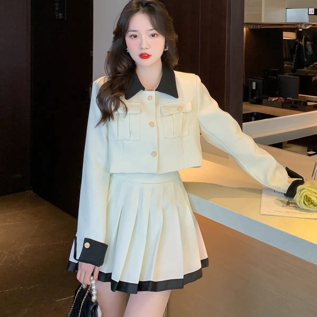 Set Dạ Áo Croptop 2 Lớp Phối Cổ Mix Chân Váy Xoè Xếp Ly Hàng Thiết Kế 2 Lớp @Tesoro clothes