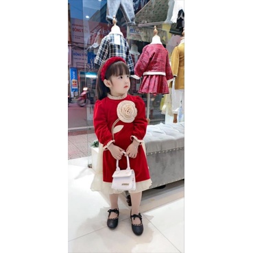 Set áo dài cách tân nhung bông hoa kèm chân váy xinh xắn bé gái