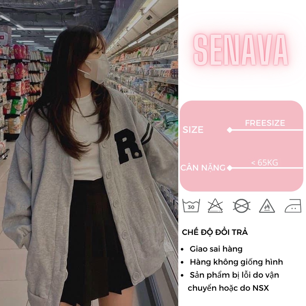 Áo khoác Cardigan nữ THÊU CHỮ R chất nỉ bông dày dặn phối viền sọc tay phong cách ulzzang SENAVA AK91
