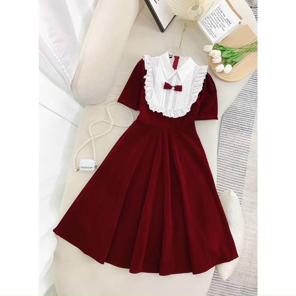 [12/12 Sale Freeship] Đầm nhung tay ngắn dáng xoè xinh xắn,đầm phối trắng bèo cổ bẻ đính nơ ngực đi tiệc sang trọng dx