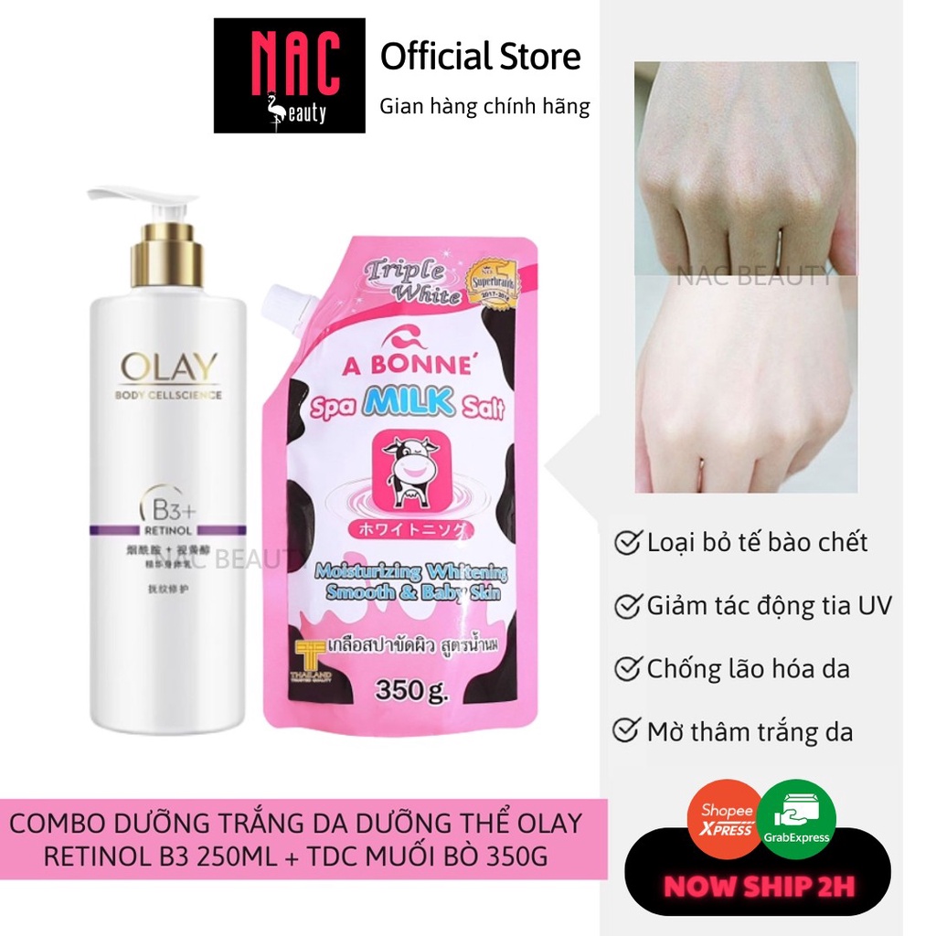 Olay retinol B3 dưỡng thể 65ml và Tẩy da chết muối bò Thái Lan - Combo dưỡng trắng da cơ thể - NAC beauty