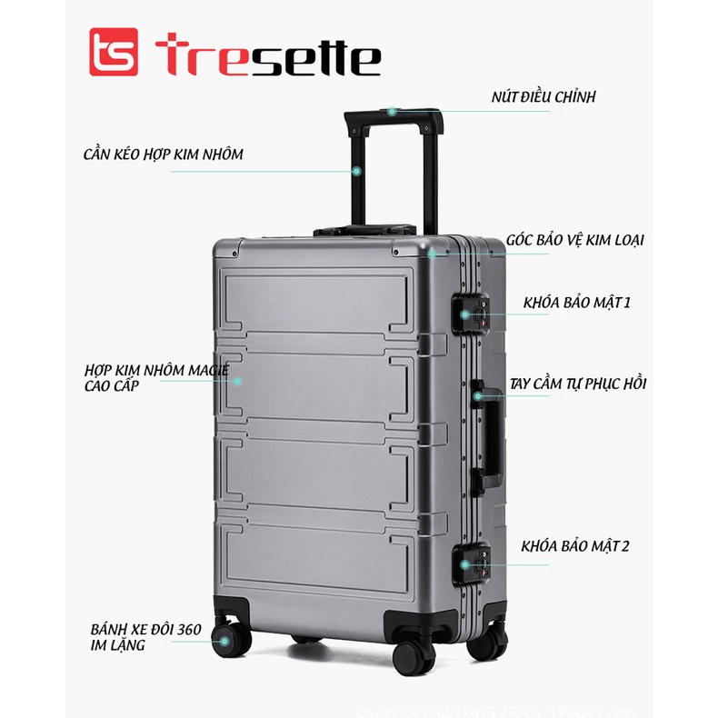 Vali kéo du lịch cao cấp chất liệu hợp kim nhôm nguyên khối nhập khẩu Hàn Quốc Tresette TSL-2128 size 20