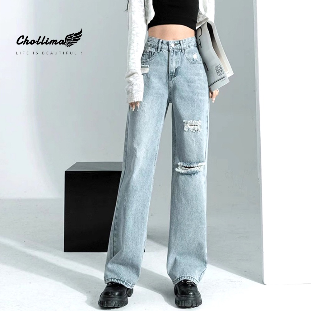 Quần jeans nữ Chollima ống rộng SIMPLE JEAN dài 98cm rách cá tính QD257 ulzzang phong cách hàn quốc