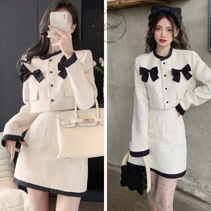 Set Dạ Tweed - Áo khoác dạ kèm chân váy đính nơ cúc ngọc phối viền cực sang dieuanh_5202
