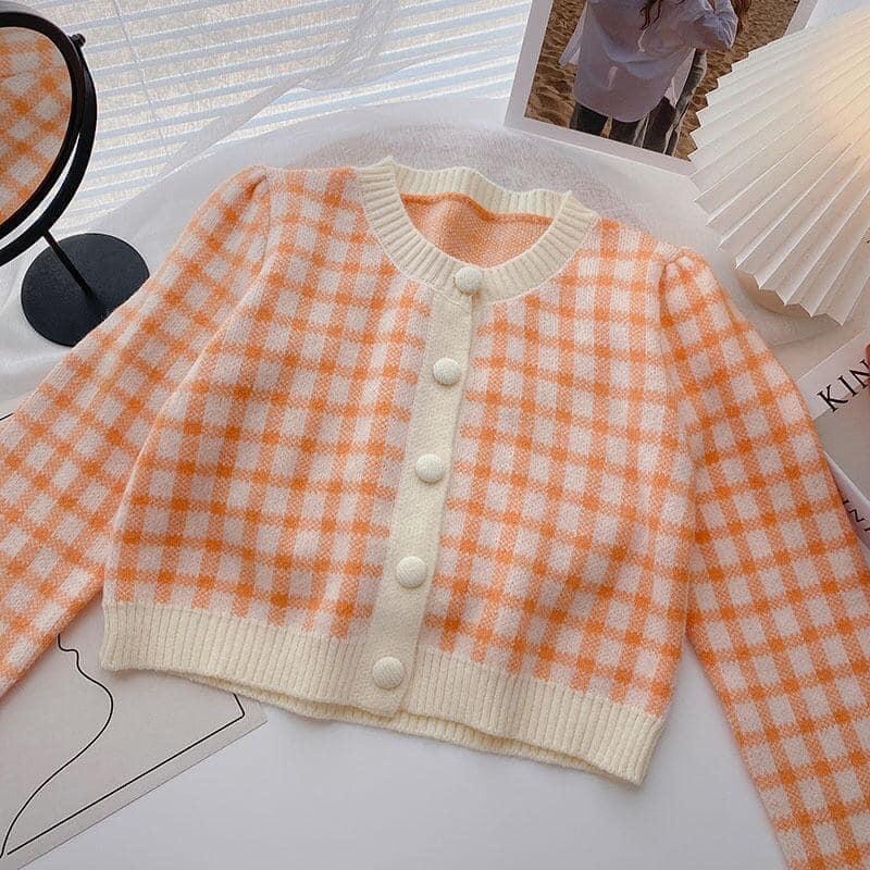 Áo crotop cardigan len kẻ caro ô vuông