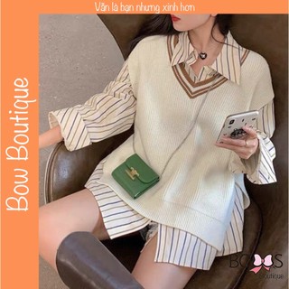 Áo gile len nữ thun gân cổ v phối viền, gile trơn dáng suông