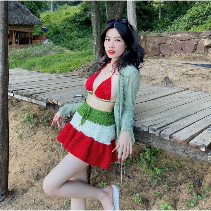 HÀNG CÓ SẴN-Set Dưa Hấu- Áo dây và chân váy dưa hấu len móc thủ công HandMade