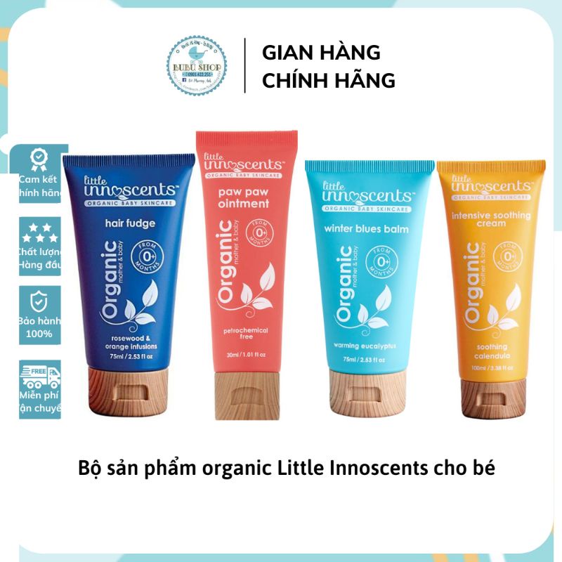 BỘ SẢN PHẨM DẦU ẤM NGỰC, KEM ĐU ĐỦ, KEM HĂM, GEL VUỐT TÓC ORGANIC LITTLE INNOSCENTS CHO BÉ TỪ SƠ SINH