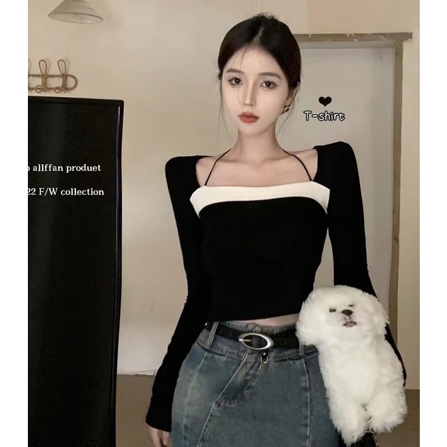 Áo Croptop Dệt Kim Cổ Vuông Màu Sắc Tương Phản Cá Tính Cho Nữ