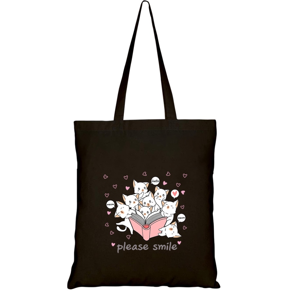 Túi Tote GINKO Vải Canvas có dây kéo khóa (có túi con) In Hình Họa Tiết Mèo Đọc Sách HT46